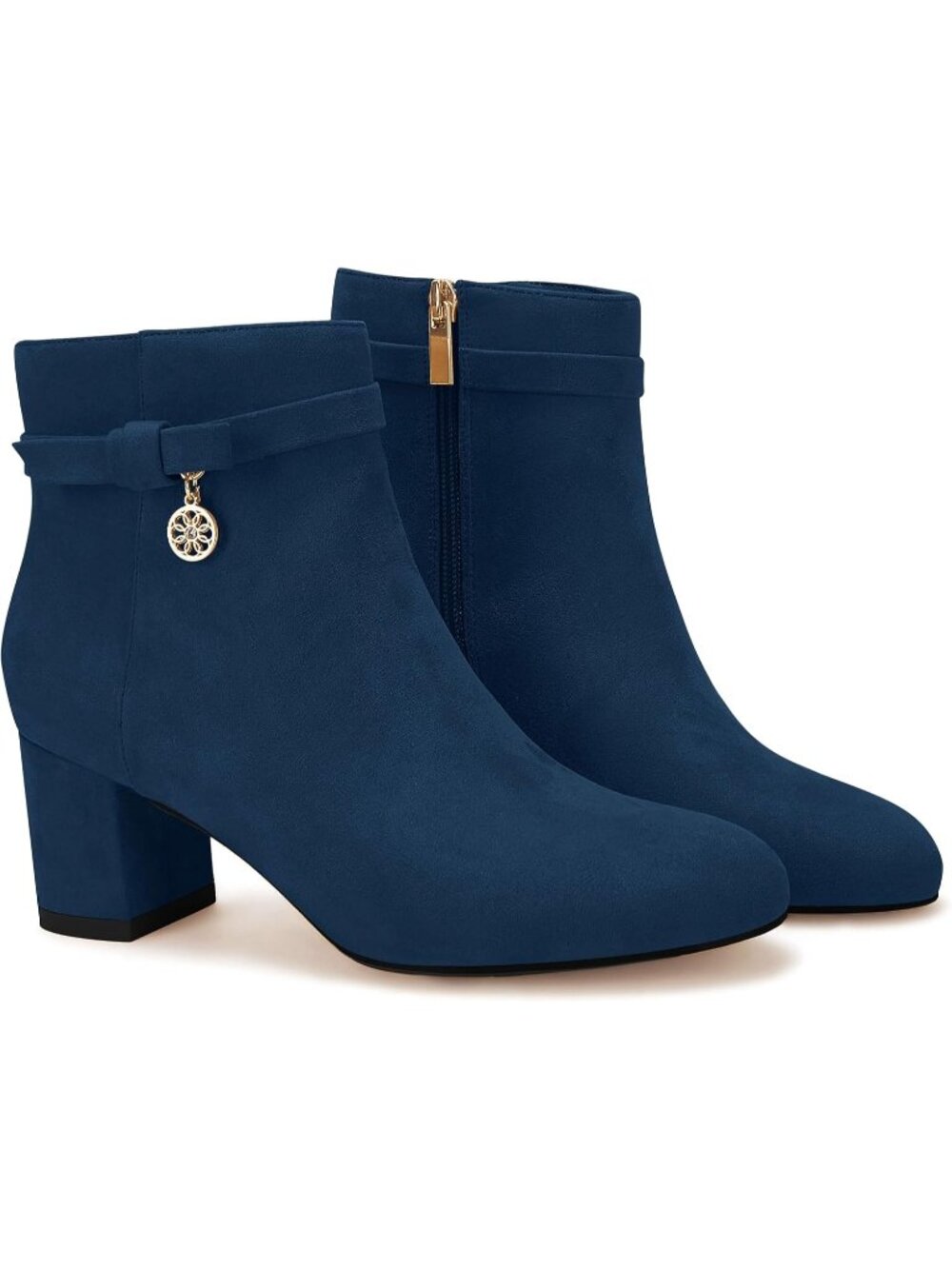 Women's Navy Suede Chunky Block Low Heel Vintage Tie Knot Side Zip Ankle Bootie